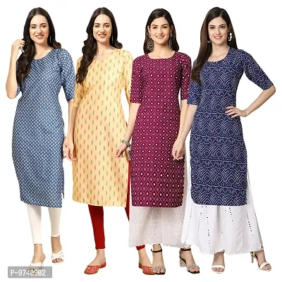 Fashionable Straight Multicoloured Printed Crepe Kurta For Women Combo Pack Of 4-thumb0