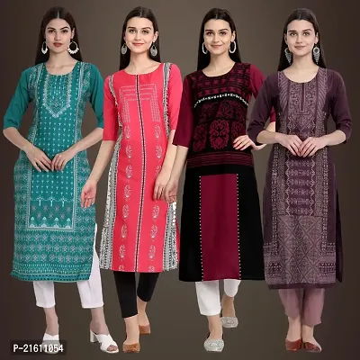 Elegant Crepe Printed Straight 3/4 Sleeves Kurta For Women- Pack Of 4