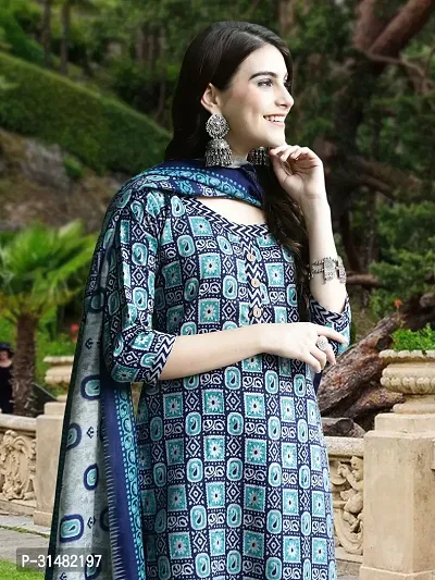 Stylish Blue Cotton Blend Printed Kurta, Bottom and Dupatta Set For Women-thumb5