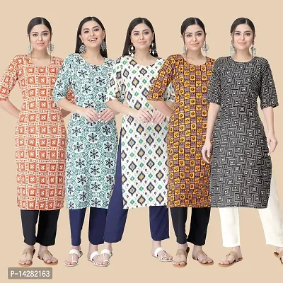 Stylish Straight Multicoloured Printed Crepe Kurta-Combo Of 5