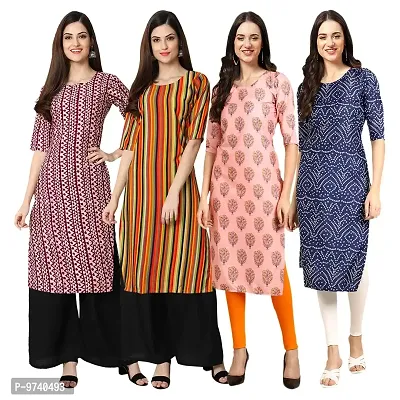 Fashionable Straight Multicoloured Printed Crepe Kurta For Women Combo Pack Of 4-thumb0