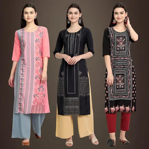 Trendy Crepe Printed Stitched Kurta - Pack Of 3