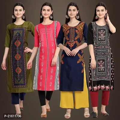 Elegant Crepe Printed Straight 3/4 Sleeves Kurta For Women- Pack Of 4