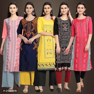 Elegant American Crepe Printed Straight 3/4 Sleeves Kurta For Women- Pack Of 5