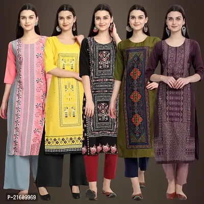 Elegant American Crepe Printed Straight 3/4 Sleeves Kurta For Women- Pack Of 5