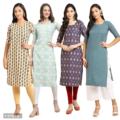 Fashionable Straight Multicoloured Printed Crepe Kurta For Women Combo Pack Of 4