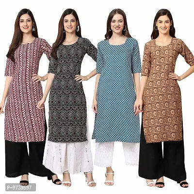 Fashionable Straight Multicoloured Printed Crepe Kurta For Women Combo Pack Of 4