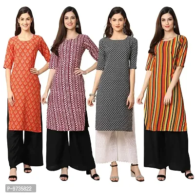 Fashionable Straight Multicoloured Printed Crepe Kurta For Women Combo Pack Of 4