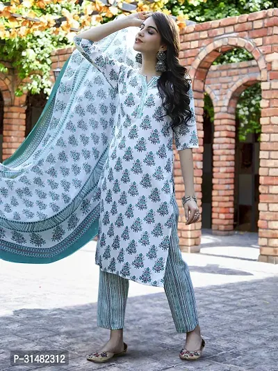 Stylish White Cotton Blend Printed Kurta, Bottom and Dupatta Set For Women-thumb0