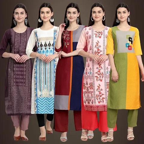 Elegant American Crepe Printed Straight 3/4 Sleeves Kurta - Pack Of 5