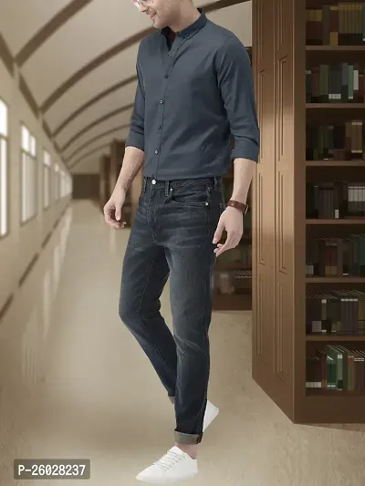 Men Stylish Grey Cotton Solid Long Sleeve Semi Formal Shirt-thumb5