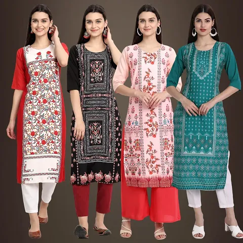 Elegant Crepe Printed Straight 3/4 Sleeves Kurta - Pack Of 4