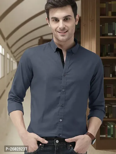 Men Stylish Grey Cotton Solid Long Sleeve Semi Formal Shirt