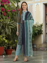 Stylish Teal Cotton Blend Printed Kurta, Bottom and Dupatta Set For Women-thumb1