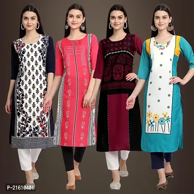 Elegant Crepe Printed Straight 3/4 Sleeves Kurta For Women- Pack Of 4