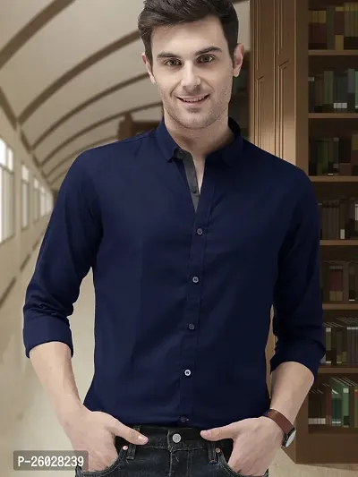 Men Stylish Blue Cotton Solid Long Sleeve Semi Formal Shirt