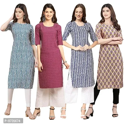 Fashionable Straight Multicoloured Printed Crepe Kurta For Women Combo Pack Of 4