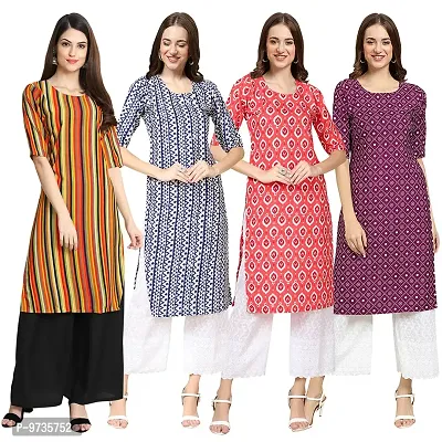 Fashionable Straight Multicoloured Printed Crepe Kurta For Women Combo Pack Of 4