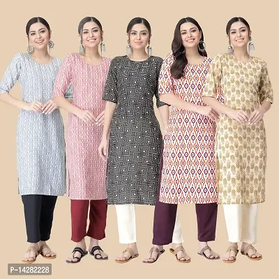 Stylish Straight Multicoloured Printed Crepe Kurta-Combo Of 5