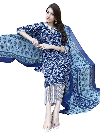 Stylish Cotton Printed Kurta Bottom Dupatta Set