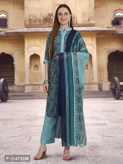 Stylish Teal Cotton Blend Printed Kurta Bottom and Dupatta Set For Women-thumb0