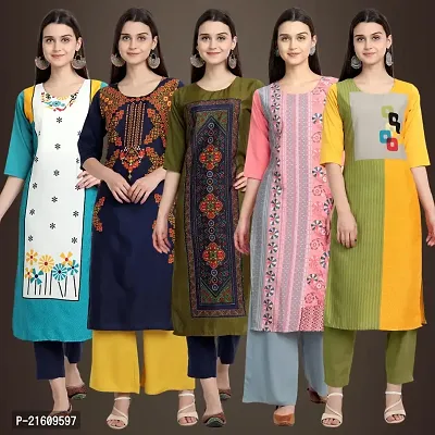 Elegant American Crepe Printed Straight 3/4 Sleeves Kurta For Women- Pack Of 5