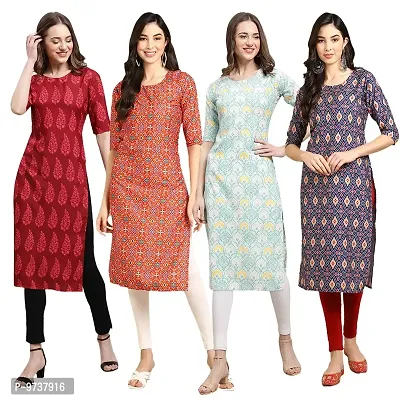 Fashionable Straight Multicoloured Printed Crepe Kurta For Women Combo Pack Of 4-thumb0