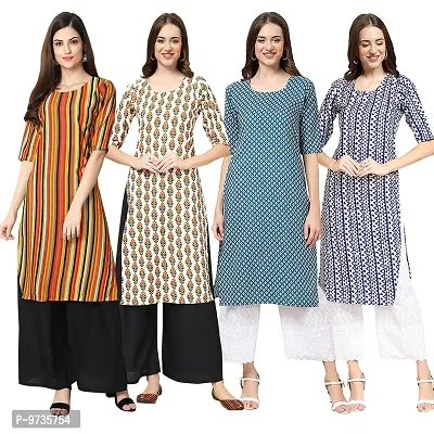 Fashionable Straight Multicoloured Printed Crepe Kurta For Women Combo Pack Of 4