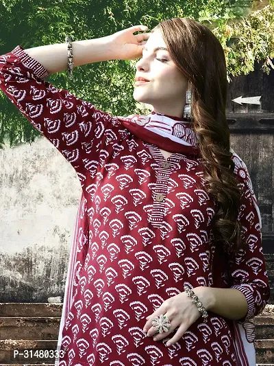 Stylish Maroon Cotton Blend Printed Kurta Bottom and Dupatta Set For Women-thumb4