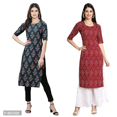 Fashionable Straight Multicoloured Printed Crepe Kurta For Women Combo Pack Of 2-thumb0