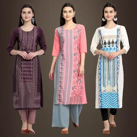 Elegant Crepe Digital Printed Straight Kurti Pack of 3