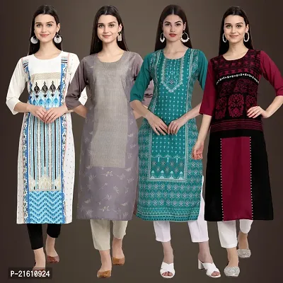 Elegant Crepe Printed Straight 3/4 Sleeves Kurta For Women- Pack Of 4