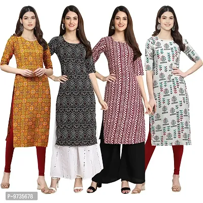 Fashionable Straight Multicoloured Printed Crepe Kurta For Women Combo Pack Of 4