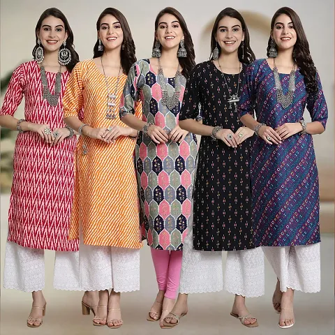 Stylish Crepe Printed Straight Kurtis - Pack Of 5