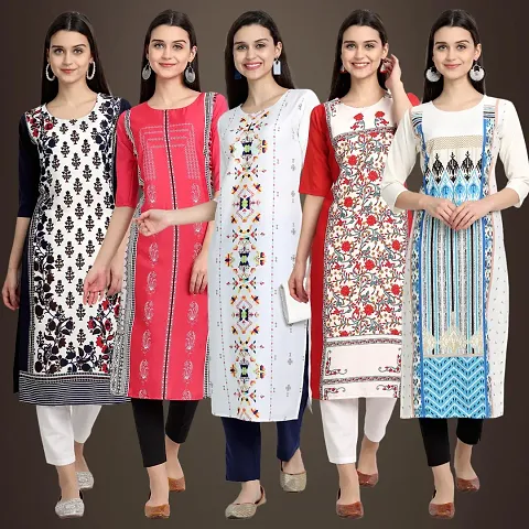 Elegant American Crepe Printed Straight 3/4 Sleeves Kurta - Pack Of 5