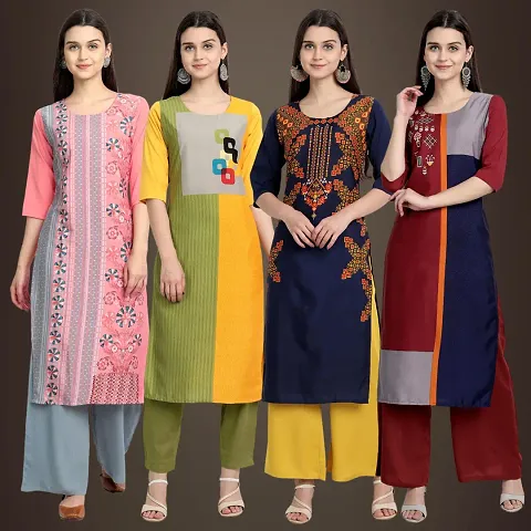 Elegant Crepe Printed Straight 3/4 Sleeves Kurta Pack Of 4