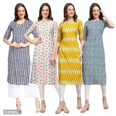 Fashionable Straight Multicoloured Printed Crepe Kurta For Women Combo Pack Of 4