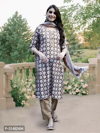 Elegant Cotton Blend Printed Kurta with Pant And Dupatta Set For Women-thumb3