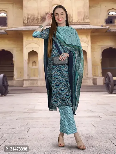 Stylish Teal Cotton Blend Printed Kurta Bottom and Dupatta Set For Women-thumb5