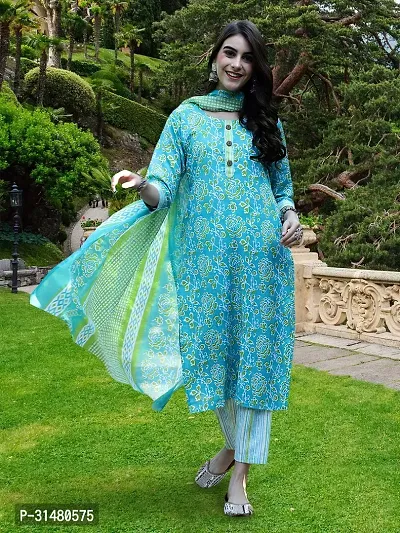 Stylish Turquoise Cotton Blend Printed Kurta Bottom and Dupatta Set For Women-thumb0