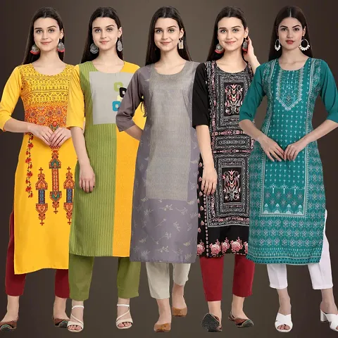 Elegant American Crepe Printed Straight 3/4 Sleeves Kurta - Pack Of 5