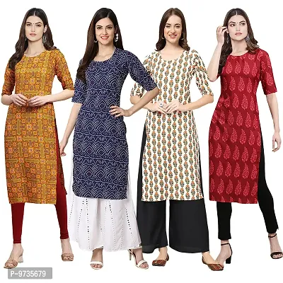 Fashionable Straight Multicoloured Printed Crepe Kurta For Women Combo Pack Of 4