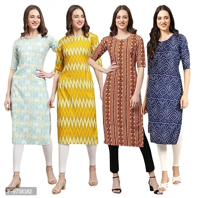 Fashionable Straight Multicoloured Printed Crepe Kurta For Women Combo Pack Of 4