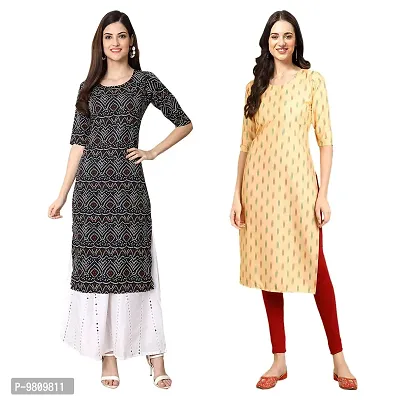 Fashionable Straight Multicoloured Printed Crepe Kurta For Women Combo Pack Of 2-thumb0