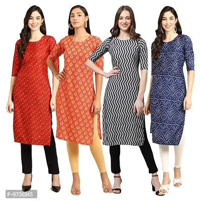 Fashionable Straight Multicoloured Printed Crepe Kurta For Women Combo Pack Of 4