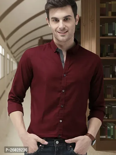 Men Stylish Maroon Cotton Solid Long Sleeve Semi Formal Shirt
