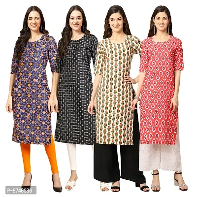 Fashionable Straight Multicoloured Printed Crepe Kurta For Women Combo Pack Of 4