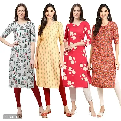 Fashionable Straight Multicoloured Printed Crepe Kurta For Women Combo Pack Of 4