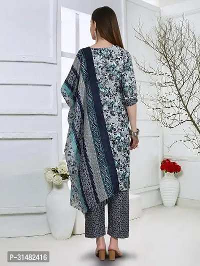 Stylish Navy Blue Cotton Blend Printed Kurta, Bottom and Dupatta Set For Women-thumb3