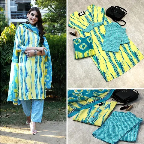 Stylish Cotton Straight Printed Kurta with Bottom and Dupatta Set